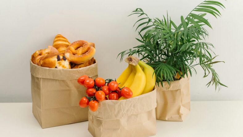 grocery bags with food in it