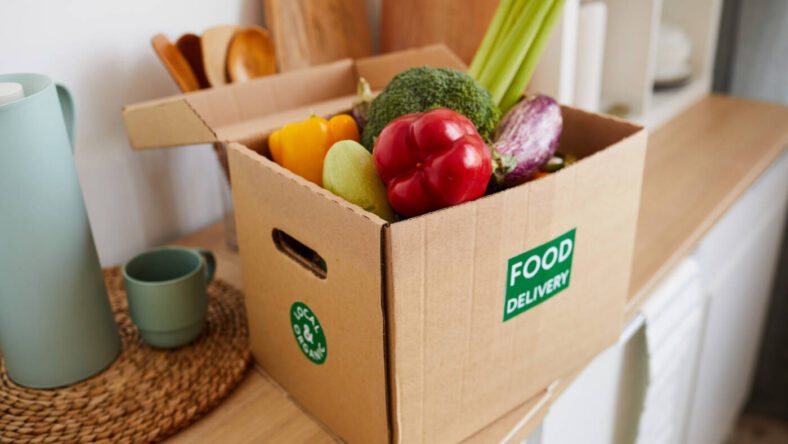 Costco reusable bags: cardboard box filled with groceries
