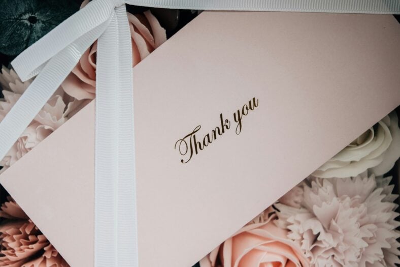 thank you card and flowers
