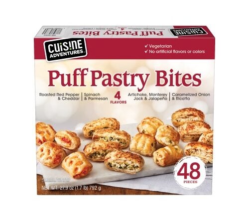 For a delectable appetizer that is sure to impress all of your guests, grab a box of Cuisine Adventures Puff Pastry Bites. Each bite comes with a flaky pastry shell, providing a nice balance of saltiness and sweetness. Each box comes with 48 puff pastries in four flavors: Roasted Red Pepper & Cheddar, Spinach & Parmesan, Artichoke Monterey Jack & Jalapeno, and Carmelized Onion & Ricotta.