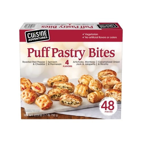 For a delectable appetizer that is sure to impress all of your guests, grab a box of Cuisine Adventures Puff Pastry Bites. Each bite comes with a flaky pastry shell, providing a nice balance of saltiness and sweetness. Each box comes with 48 puff pastries in four flavors: Roasted Red Pepper & Cheddar, Spinach & Parmesan, Artichoke Monterey Jack & Jalapeno, and Carmelized Onion & Ricotta. 