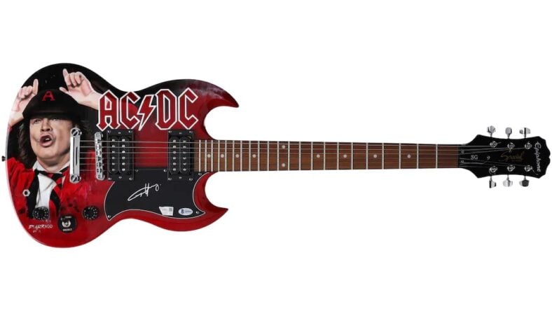 Angus Young AC/DC Autographed Red Epiphone Guitar - Art by David Arrigo - Fanatics Authenticated
