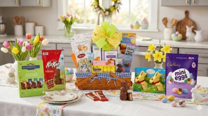 A selection of Easter candy from Costco on a festive decorated kitchen table