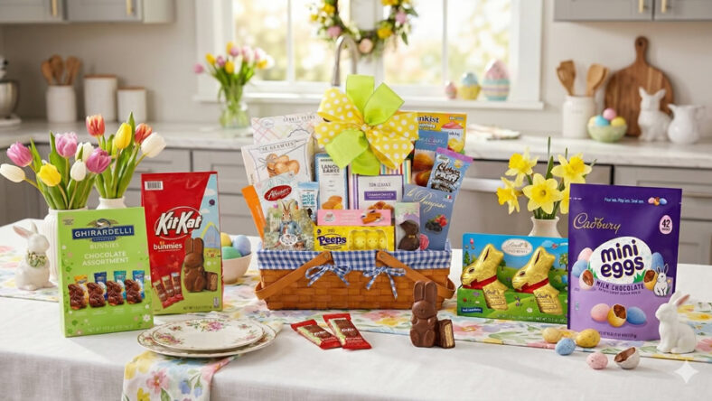 A selection of Easter candy from Costco on a festive decorated kitchen table