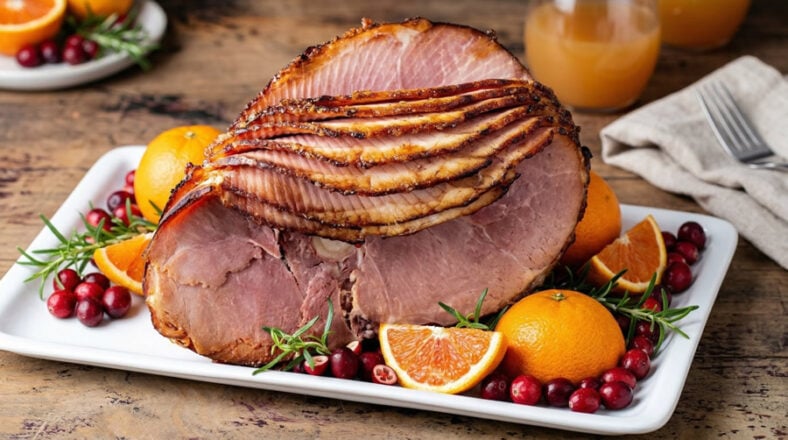 Kirkland Signature spiral cut ham on a white platter on the kitchen table