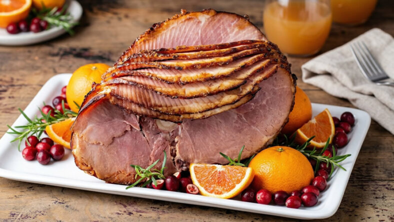 Kirkland Signature spiral cut ham on a white platter on the kitchen table