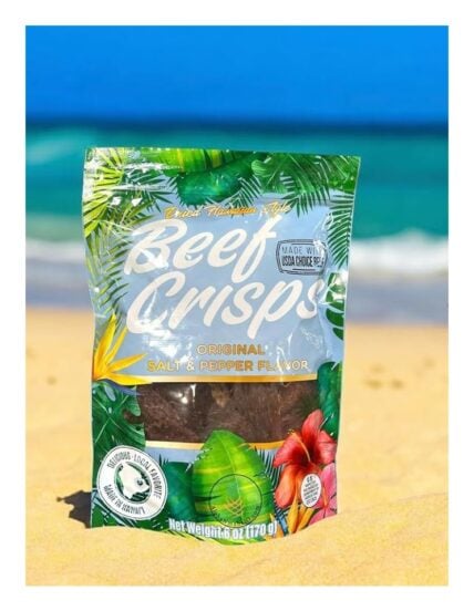 Punahele Jerky Co. Dried Hawaiian Style Beef Crisps Original Salt and Pepper Flavor Product Packaging