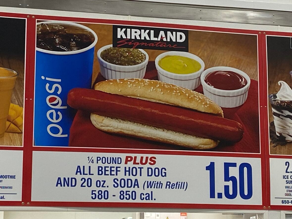 costco hot dog combo sign / $1.50 hot dog combo