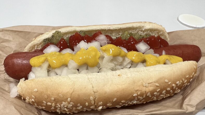 costco hot dog covered in toppings
