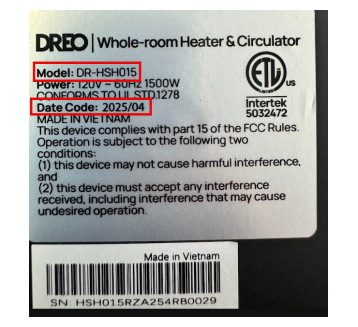 DREO Heater Label with Model Number and Date Code example